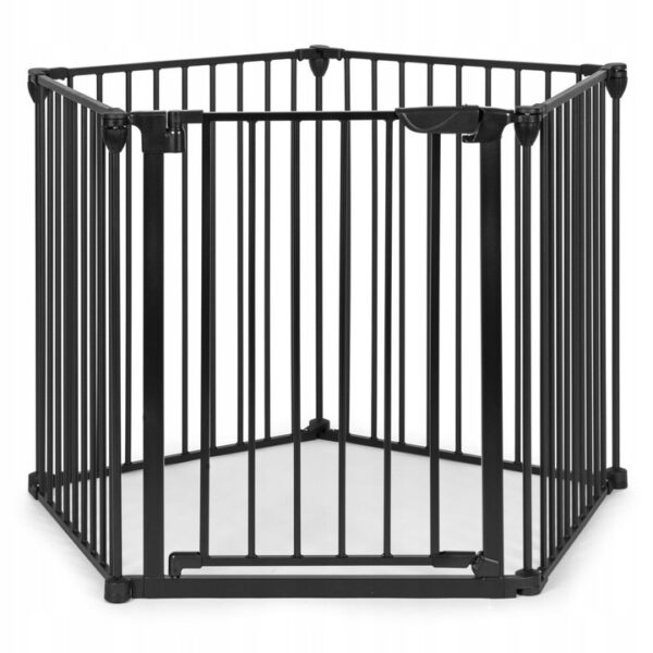 Bariera de siguranta pliabila 300x74 cm, 5 panouri si poarta cu blocare automata, metal si plastic, neagra - imagine 2