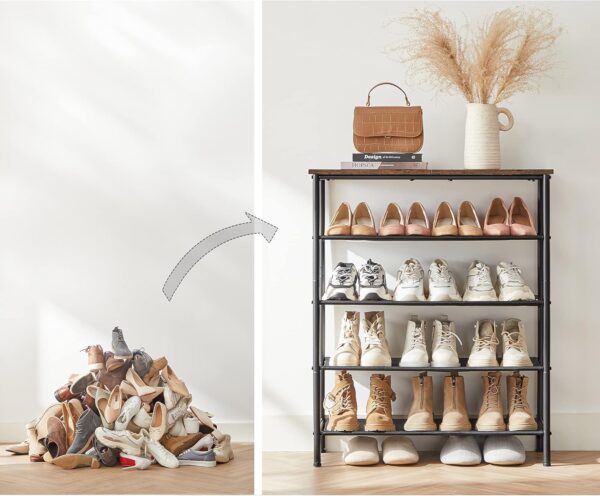 VASAGLE Suport pantofi 75x30x91 cm, 5 niveluri, rafturi textile si blat PAL, cadru metalic, maro rustic si negru - imagine 4