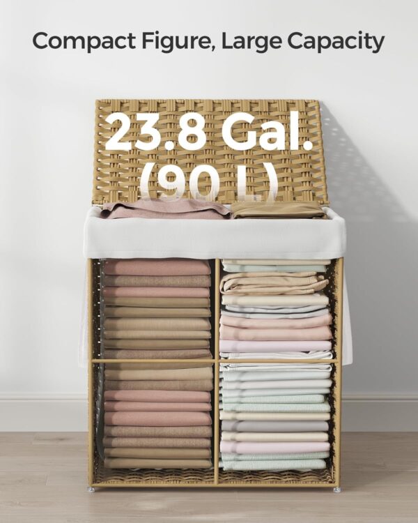 SONGMICS Cos rufe cu capac, ratan sintetic si sac detasabil, 90 L, 46x33x60 cm, natur - imagine 4