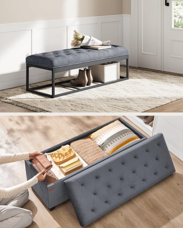 SONGMICS Banca cu spatiu de depozitare 110x40x40 cm, 103 litri, tapitata cu catifea, MDF si spuma, gri - imagine 4