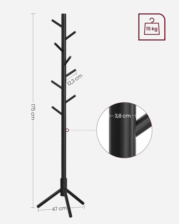 VASAGLE Cuier lemn masiv 47x47x175 cm, 8 carlige si inaltime reglabila, baza triunghiulara, negru - imagine 5