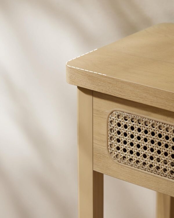 VASAGLE Consola hol 100x30x80 cm, 2 sertare, raft deschis, colturi rotunjite, stil boho, MDF si ratan PVC, bej stejar - imagine 5