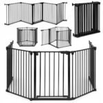Bariera de siguranta pliabila 300x74 cm, 5 panouri si poarta cu blocare automata, metal si plastic, neagra