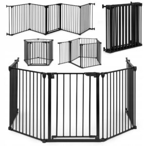 Bariera de siguranta pliabila 300x74 cm, 5 panouri si poarta cu blocare automata, metal si plastic, neagra