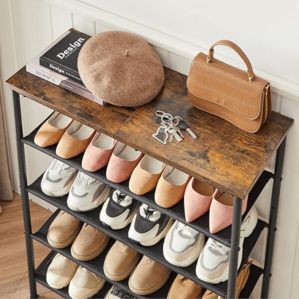 VASAGLE Suport pantofi 75x30x91 cm, 5 niveluri, rafturi textile si blat PAL, cadru metalic, maro rustic si negru - imagine 5