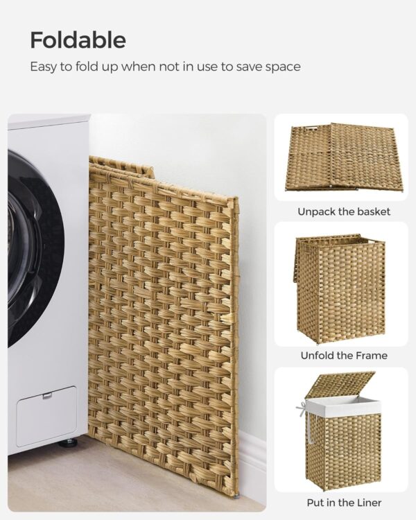 SONGMICS Cos rufe cu capac, ratan sintetic si sac detasabil, 90 L, 46x33x60 cm, natur - imagine 5