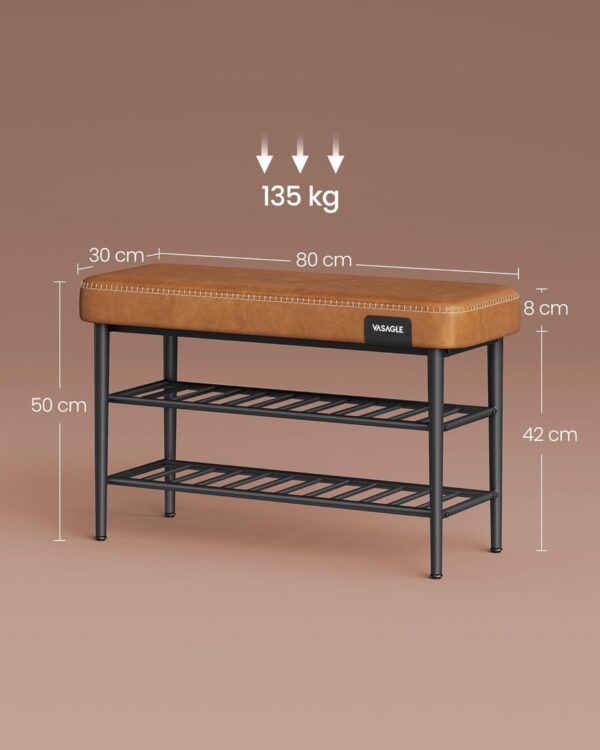 VASAGLE Banca pantofi 80x30x50 cm, cu rafturi si sezut tapitat, otel si piele PU, maro caramel - imagine 5