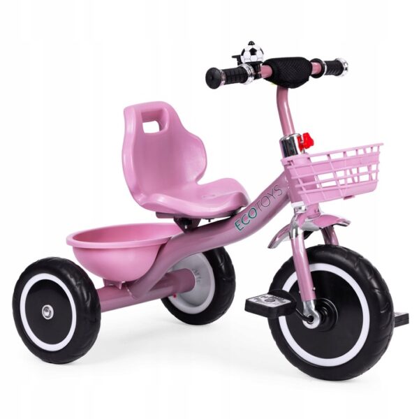 Tricicleta pentru copii 47 cm latime axa spate, cu cosuri si claxon, cadru otel, roti EVA, roz