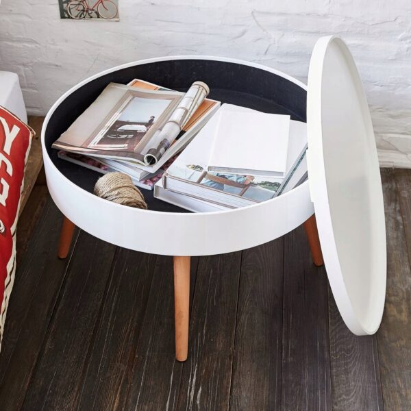 Masuta de cafea rotunda 60x40 cm, cu blat detasabil si spatiu depozitare, picioare din lemn de pin, alba - imagine 6