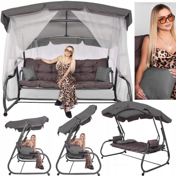 Balansoar gradina 226x126x192 cm, 3 in 1 leagan, pat si relaxare, cu plasa anti-insecte, copertina reglabila, saltea si perne incluse, gri si maro - imagine 6