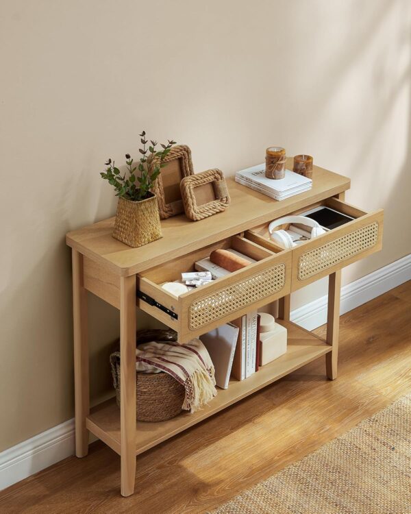 VASAGLE Consola hol 100x30x80 cm, 2 sertare, raft deschis, colturi rotunjite, stil boho, MDF si ratan PVC, bej stejar - imagine 6