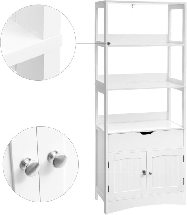 VASAGLE Dulap inalt baie cu 3 rafturi, 1 sertar si 1 dulap, din MDF, 60x33x154 cm, alb - imagine 6