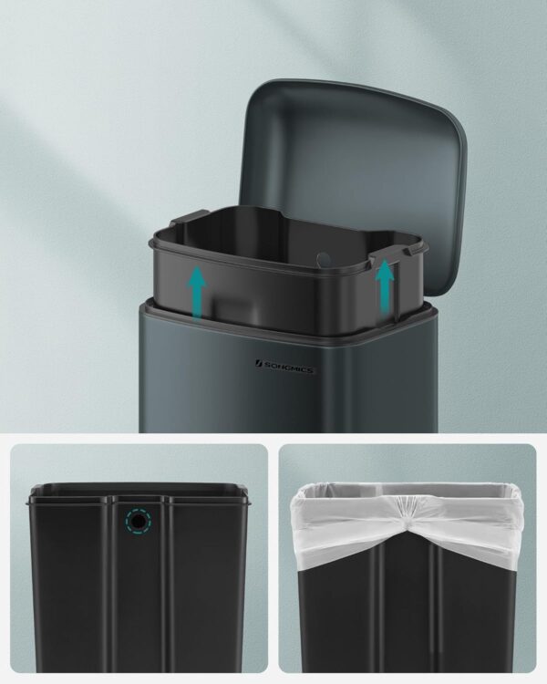 SONGMICS Cos de gunoi 34x25x61 cm, 30L, cu pedala, capac soft-close si galeata detasabila, verde-gri - imagine 6