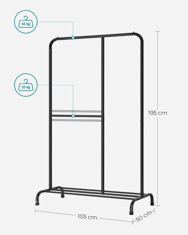 SONGMICS Stativ haine metalic 105x50x195 cm, cu bara ajustabila si 3 niveluri de depozitare, otel, negru - imagine 6