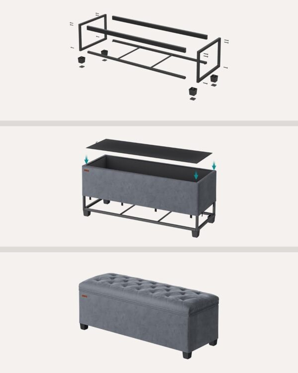 SONGMICS Banca cu spatiu de depozitare 110x40x40 cm, 103 litri, tapitata cu catifea, MDF si spuma, gri - imagine 6