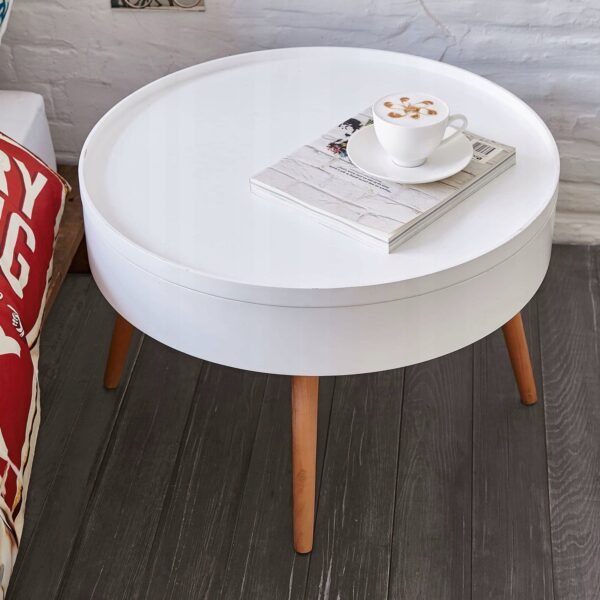 Masuta de cafea rotunda 60x40 cm, cu blat detasabil si spatiu depozitare, picioare din lemn de pin, alba - imagine 7