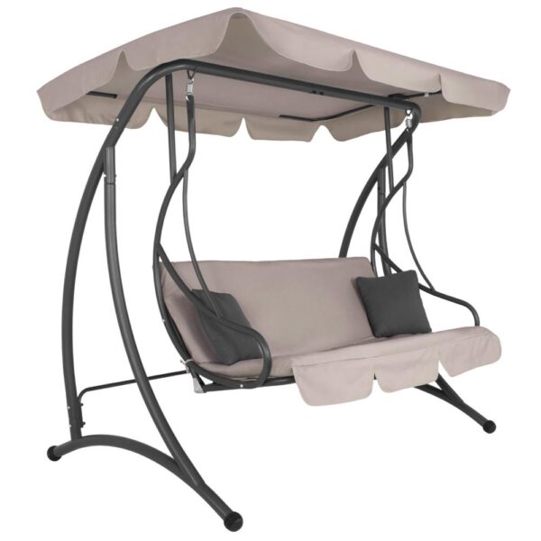 Leagan de gradina 190x115x176 cm, pentru 3 persoane, copertina reglabila, perne incluse, cadru otel si material impermeabil, bej - imagine 8