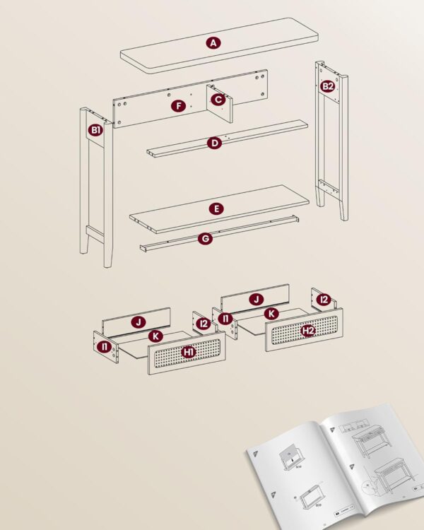 VASAGLE Consola hol 100x30x80 cm, 2 sertare, raft deschis, colturi rotunjite, stil boho, MDF si ratan PVC, bej stejar - imagine 7
