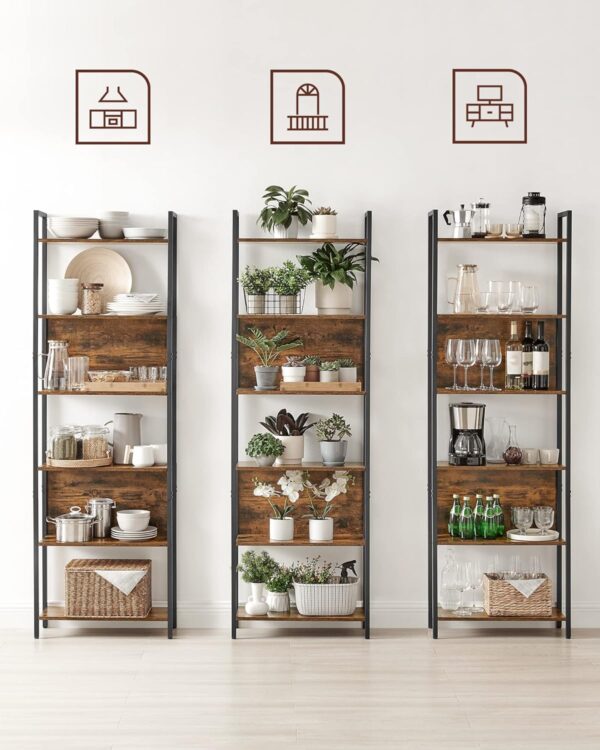 VASAGLE Biblioteca 60x24x186 cm, 6 rafturi, stil industrial, PAL si otel, maro rustic-negru - imagine 7
