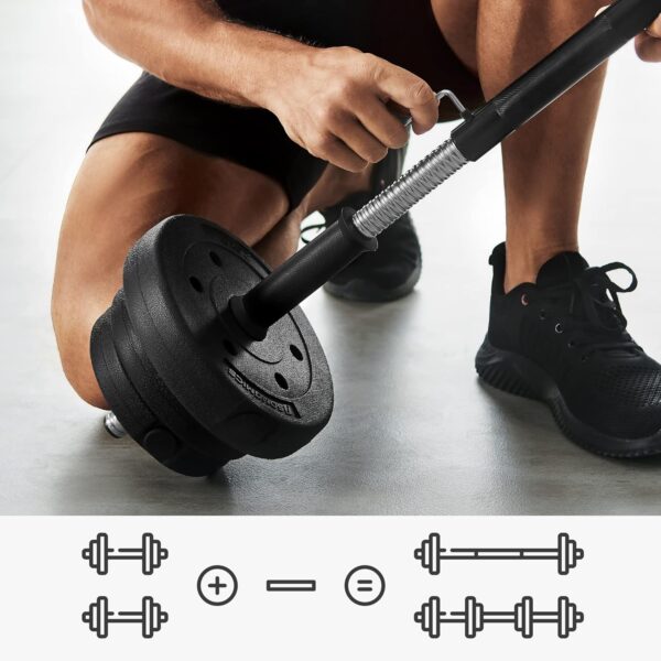 SONGMICS set gantere reglabile 2 in 1, 20 kg, cu bara extensie pentru haltera, discuri cu umplutura beton, negru - imagine 7