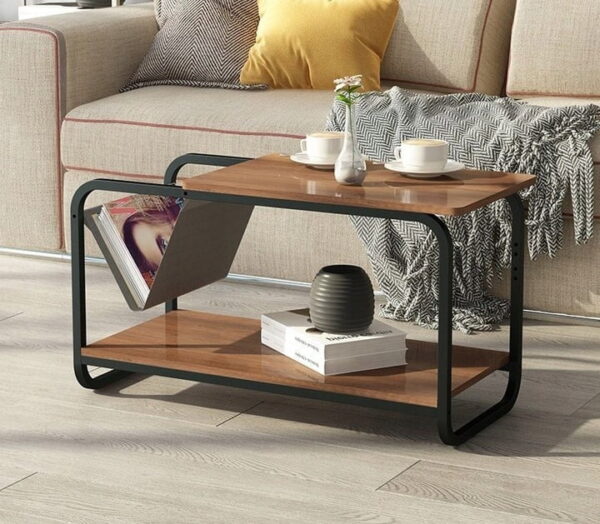 Masuta cafea cu 2 rafturi si suport reviste, cadru metalic, 87x40x46 cm, lemn natur si negru - imagine 7