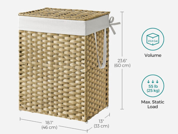 SONGMICS Cos rufe cu capac, ratan sintetic si sac detasabil, 90 L, 46x33x60 cm, natur - imagine 7