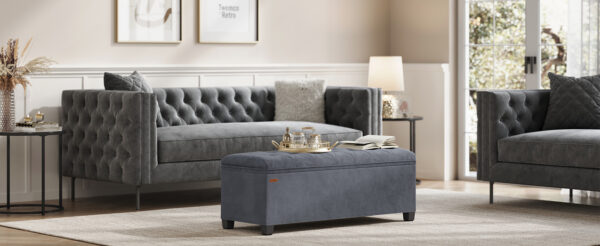 SONGMICS Banca cu spatiu de depozitare 110x40x40 cm, 103 litri, tapitata cu catifea, MDF si spuma, gri - imagine 7