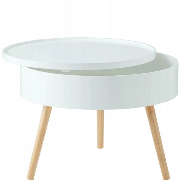 Masuta de cafea rotunda 60x40 cm, cu blat detasabil si spatiu depozitare, picioare din lemn de pin, alba - imagine 8