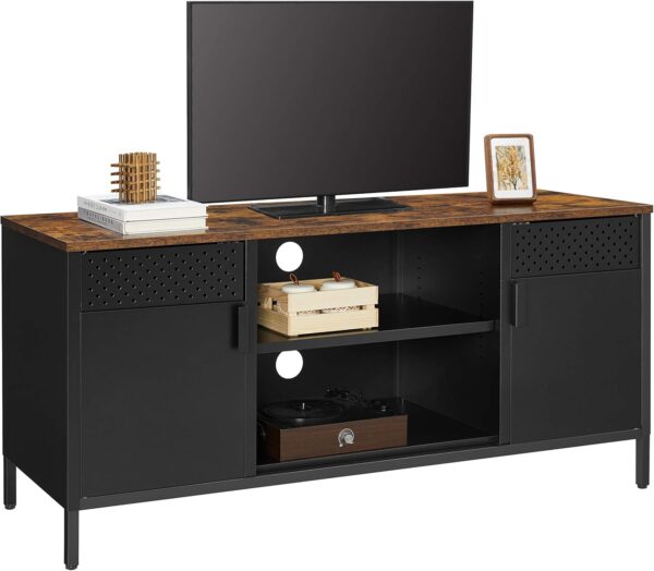 SONGMICS Comoda TV 120x40x55 cm, 3 rafturi reglabile, 2 usi, stil vintage, PAL si otel, maro-negru mat - imagine 7