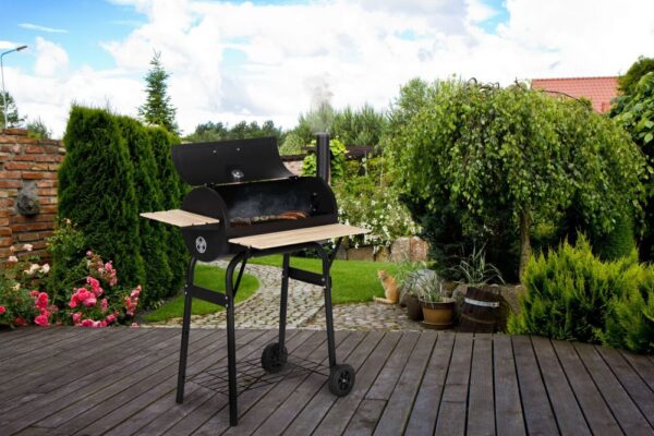 Gratar de gradina 91x60x114 cm, cu cos de fum, termometru si 3 rafturi, metal cromat, negru - imagine 8