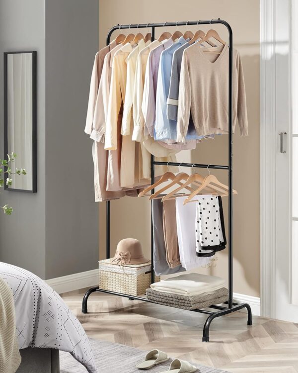 SONGMICS Stativ haine metalic 105x50x195 cm, cu bara ajustabila si 3 niveluri de depozitare, otel, negru - imagine 8