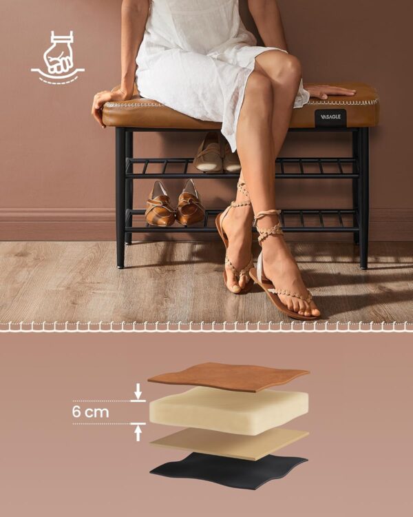 VASAGLE Banca pantofi 80x30x50 cm, cu rafturi si sezut tapitat, otel si piele PU, maro caramel - imagine 8