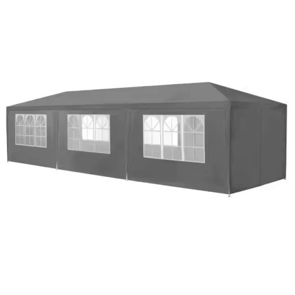 Pavilion de gradina 300x900 cm, 8 pereti detasabili cu ferestre si usa, structura metalica, PE impermeabil, gri