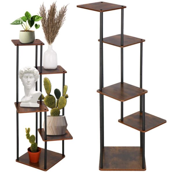 Suport pentru flori, 106x58 cm, negru/maro deschis – 5 rafturi, structura metalica, design modern - imagine 14