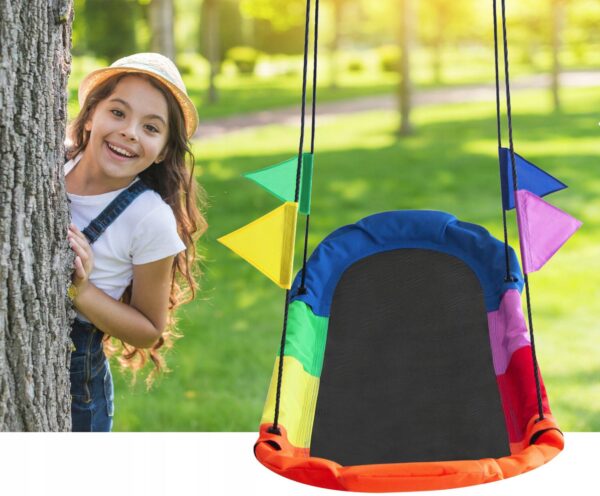 Leagan tip hamac 167x75 cm, cu rama metalica si steaguri colorate, prindere dubla, multicolor - imagine 4