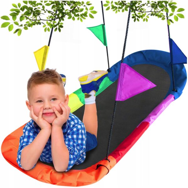 Leagan tip hamac 167x75 cm, cu rama metalica si steaguri colorate, prindere dubla, multicolor - imagine 6