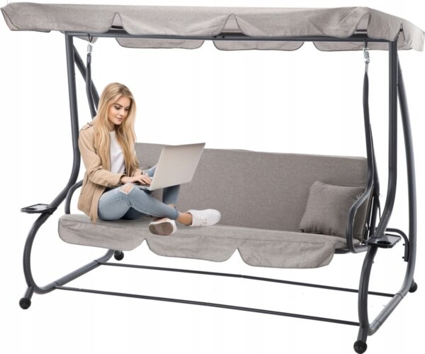 Leagan gradina 3 locuri cu baldachin reglabil, perne si suport pahare, 210x120x170 cm, gri - imagine 5