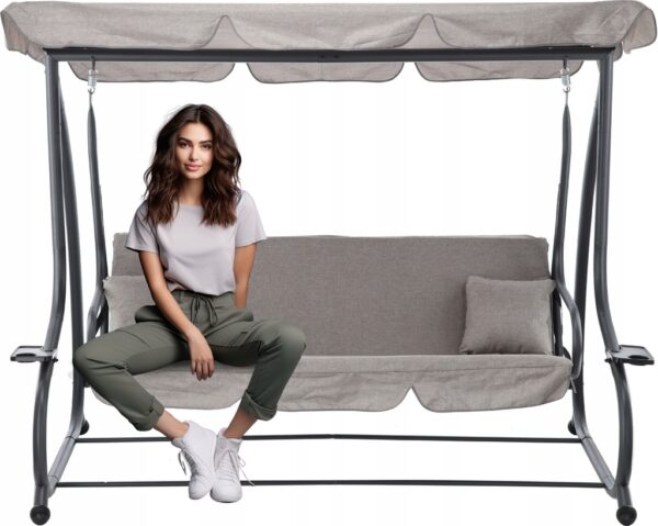 Leagan gradina 3 locuri cu baldachin reglabil, perne si suport pahare, 210x120x170 cm, gri - imagine 8