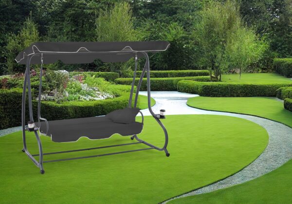 Leagan gradina 3 locuri cu baldachin reglabil, perne si suport pahare, 210x120x170 cm, gri inchis - imagine 3