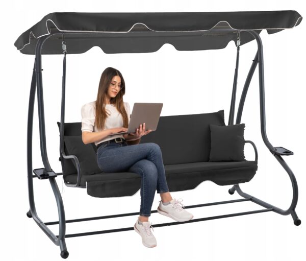 Leagan gradina 3 locuri cu baldachin reglabil, perne si suport pahare, 210x120x170 cm, gri inchis - imagine 6
