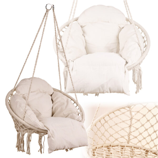 Scaun rotund tip leagan suspendat cu perna Confort Plus, casa sau gradina, ecru - imagine 5