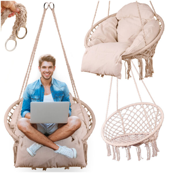 Scaun rotund tip leagan suspendat cu perna Confort Plus, casa sau gradina, ecru - imagine 6