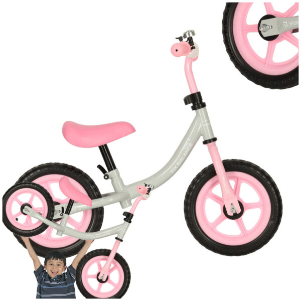 Bicicleta fara pedale pentru copii 80x40x57 cm, reglabila, roti din spuma, 1.8 kg, gri roz - imagine 6