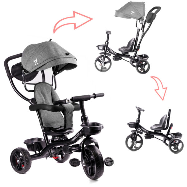 Tricicleta 3in1 105x52x94 cm, cu sezut rotativ 360°, roti fara aer, copertina reglabila, gri - imagine 2