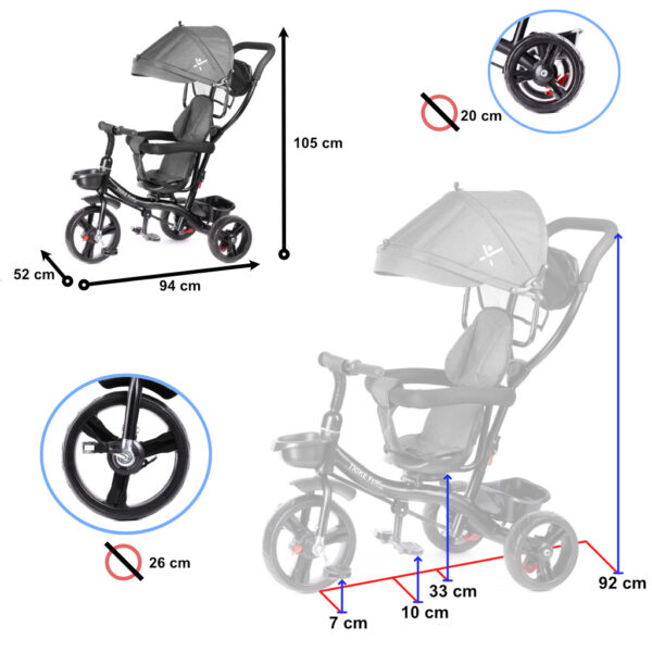 Tricicleta 3in1 105x52x94 cm, cu sezut rotativ 360°, roti fara aer, copertina reglabila, gri - imagine 15