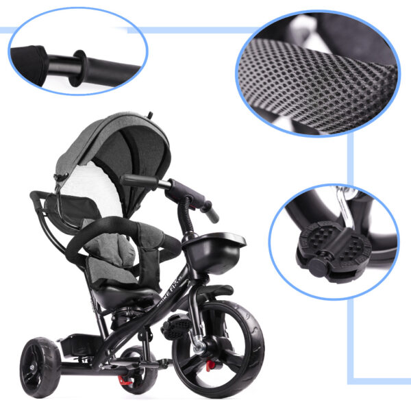 Tricicleta 3in1 105x52x94 cm, cu sezut rotativ 360°, roti fara aer, copertina reglabila, gri - imagine 16
