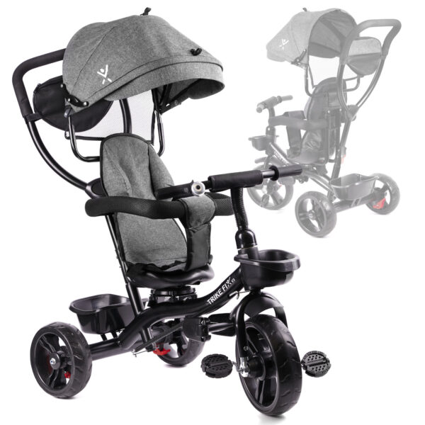 Tricicleta 3in1 105x52x94 cm, cu sezut rotativ 360°, roti fara aer, copertina reglabila, gri - imagine 17
