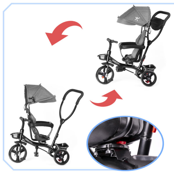 Tricicleta 3in1 105x52x94 cm, cu sezut rotativ 360°, roti fara aer, copertina reglabila, gri - imagine 3