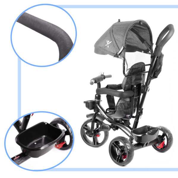 Tricicleta 3in1 105x52x94 cm, cu sezut rotativ 360°, roti fara aer, copertina reglabila, gri - imagine 4