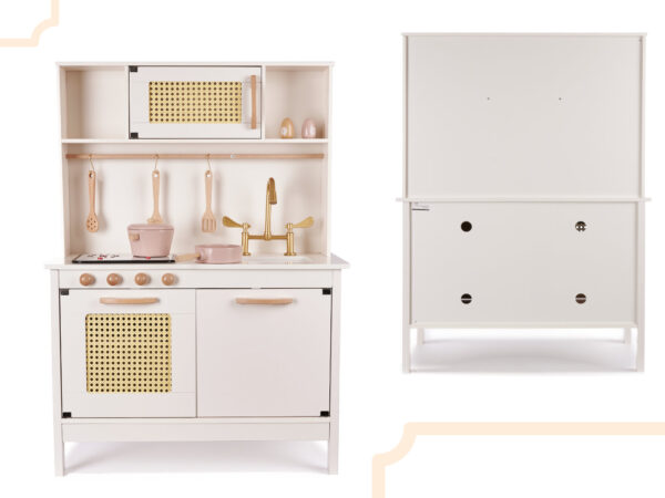 Bucatarie din lemn pentru copii 100x68x29 cm, cu accesorii si efecte luminoase, stil retro, MDF si plastic, boho, crem - imagine 10